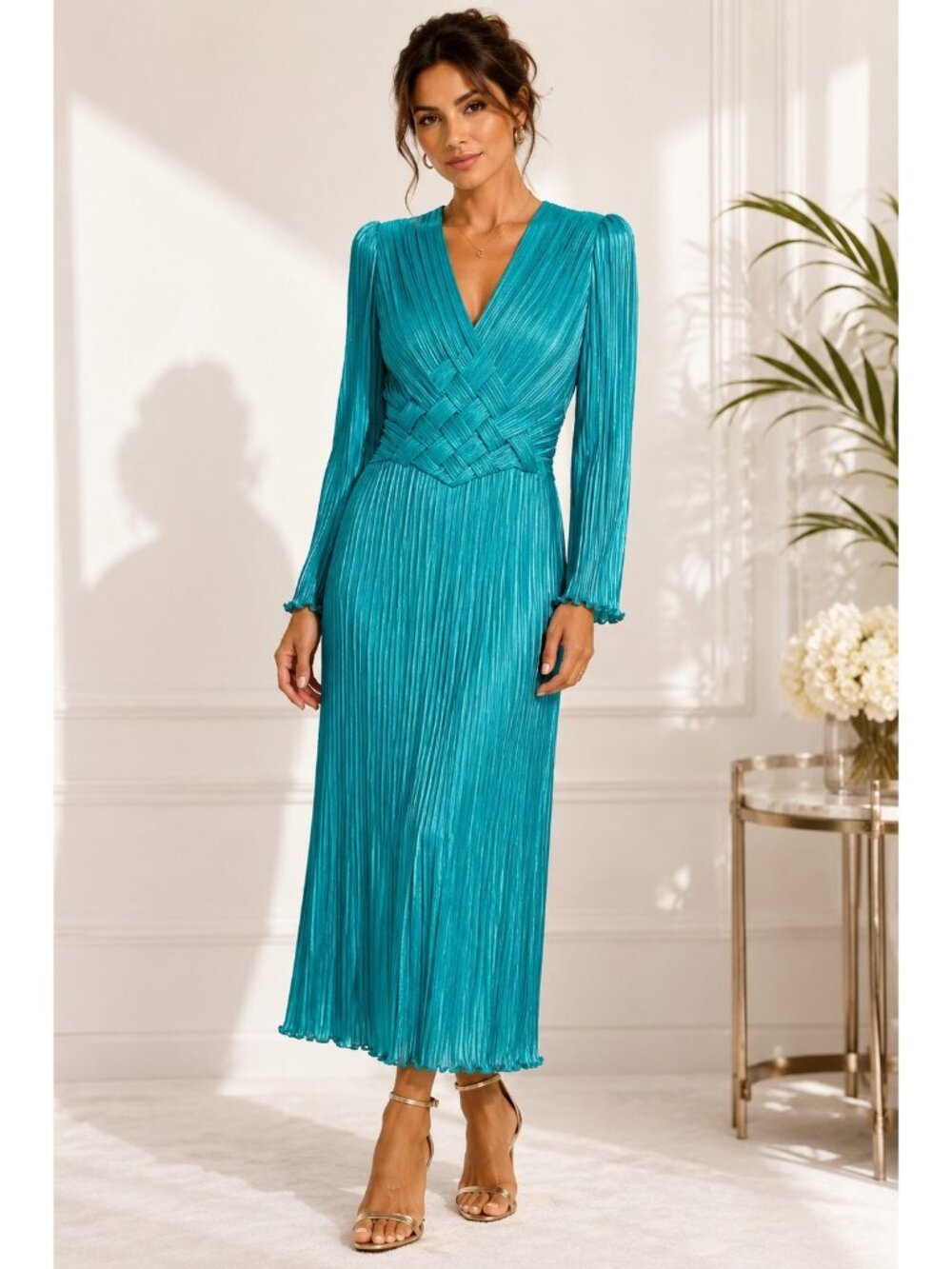Vintage George F. Couture Turquoise Plisse Pleated Basketweave Bodice Dress Sz 8
